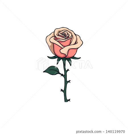 An elegant and simple illustration showcases a delicate peach blossom rose on a clean white background. The artwork focuses on the intricate details of the petals, stem, and leaves, creating a An elegant and simple illustration showcases a delicate peach blossom rose on a clean white background. The artwork focuses on the intricate details of the petals, stem, and leaves, creating a 140119970