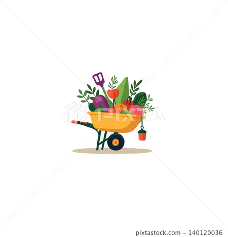This charming illustration showcases a bright yellow wheelbarrow overflowing with freshly picked vegetables and essential gardening tools. It represents the joy of harvesting and the rewards of This charming illustration showcases a bright yellow wheelbarrow overflowing with freshly picked vegetables and essential gardening tools. It represents the joy of harvesting and the rewards of 140120036