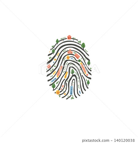 This graphic design presents a community nestled within a fingerprint pattern, symbolizing the unique identity and interconnectedness of its inhabitants. It illustrates a sustainable urban landscape This graphic design presents a community nestled within a fingerprint pattern, symbolizing the unique identity and interconnectedness of its inhabitants. It illustrates a sustainable urban landscape 140120038