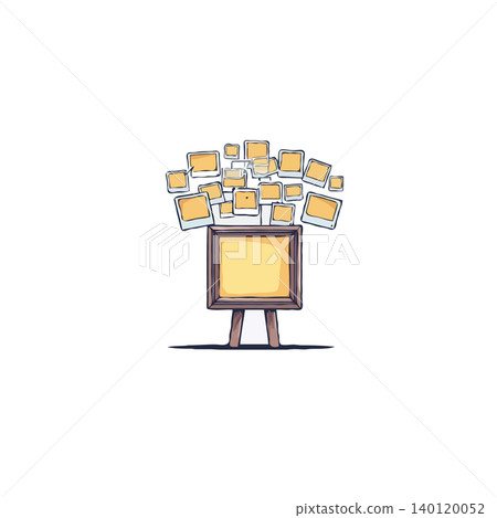 An easel stands proudly displaying a blank canvas enveloped by a flurry of yellow sticky notes. These notes represent a cloud of thoughts, ideas, and reminders, symbolizing creativity, innovation, 140120052