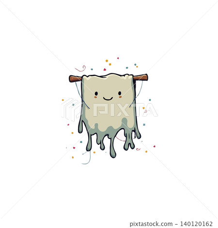 A charming cartoon illustration presents a friendly towel character. With a delightful smile and colorful confetti surrounding it, the towel hangs from a wooden bar, radiating a clean and whimsical 140120162