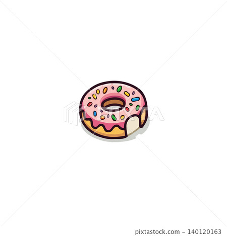 A delightful cartoon illustration features a ring doughnut with a bite missing, glazed with a pastel pink icing, decorated with an array of colourful sprinkles. Perfect for confectionery or bakery 140120163