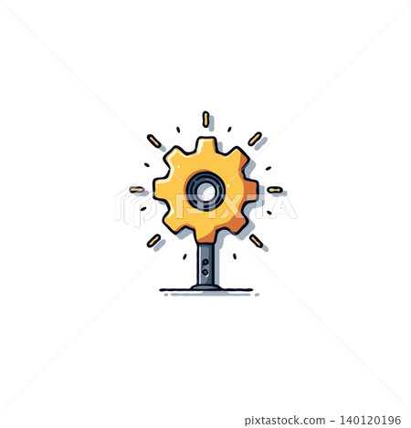 A stylized illustration depicts a golden gear on a pedestal, radiating light. It represents innovation, progress, and solutions within technology, engineering, and various industries. This 140120196