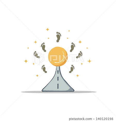 An illustration showing a symbolic road leading to a radiant sphere, encircled by footprints, representing a journey towards achievement and success. This visual metaphor uses footprints to signify 140120198