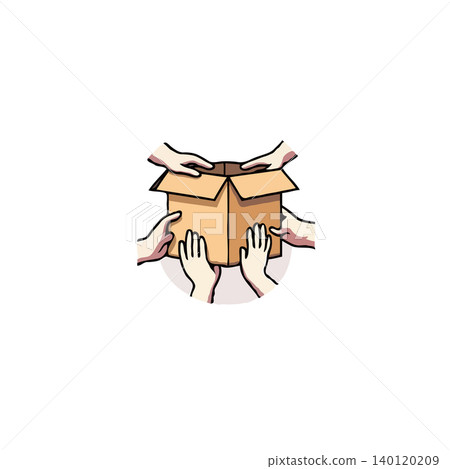 Illustration depicting collective action with several hands cooperating to sustain a cardboard container signifying unity and mutual support. This graphic can visualize teamwork dynamics, community 140120209