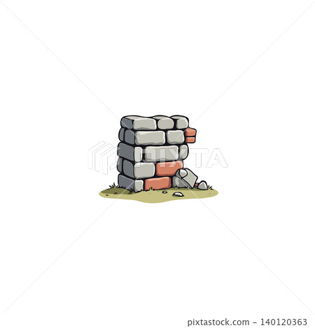 A cartoonish brick wall or structure, somewhat broken, sits isolated on a white background. The bricks are colored in muted greys and reds, hinting at age and the effects of the weather. A stone 140120363