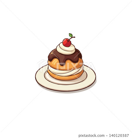An enticing illustration portrays a single-serving dessert on a dish, layered with cream and topped with a chocolate glaze, the cherry garnish adds a touch of elegance, ideal for menus, and culinary An enticing illustration portrays a single-serving dessert on a dish, layered with cream and topped with a chocolate glaze, the cherry garnish adds a touch of elegance, ideal for menus, and culinary 140120387