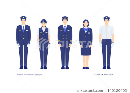 A set of full-body illustrations of five male and female station staff/railway crew members (uniforms, summer uniforms, and winter uniforms). A set of full-body illustrations of five male and female station staff/railway crew members (uniforms, summer uniforms, and winter uniforms). 140120403