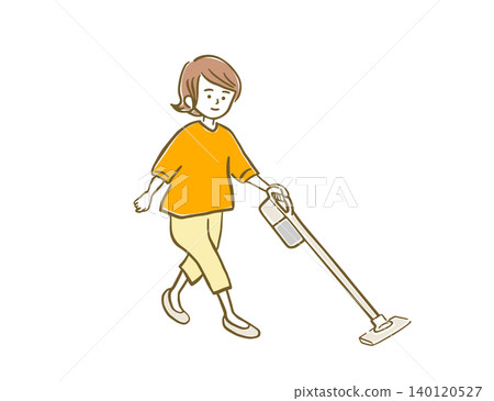 A woman cleaning with a cordless vacuum cleaner. 140120527