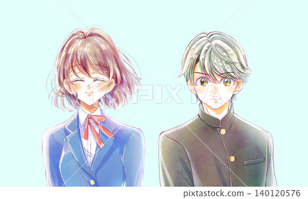 A female student in a blazer and a male student in a school uniform, both smiling. 140120576
