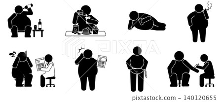 Metabolic Syndrome Lifestyle Icon Set: Obesity, Unhealthy Habits, Health Checkup Silhouette Pictograms 140120655