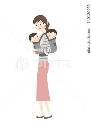 一位女士用嬰兒背帶背著一對雙胞胎。 一位女士用嬰兒背帶背著一對雙胞胎。 140120933
