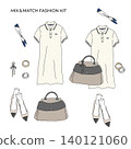 Dress-up fashion kit: Illustration of a neat and casual outfit featuring a polo dress. Dress-up fashion kit: Illustration of a neat and casual outfit featuring a polo dress. 140121060
