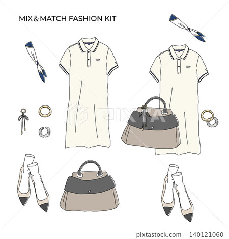 Dress-up fashion kit: Illustration of a neat and casual outfit featuring a polo dress. Dress-up fashion kit: Illustration of a neat and casual outfit featuring a polo dress. 140121060