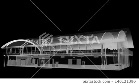 一座採用透明玻璃和壓克力材料建造的未來主義體育館建築概念圖(黑色背景) 一座採用透明玻璃和壓克力材料建造的未來主義體育館建築概念圖(黑色背景) 140121390