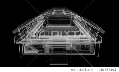 A futuristic architectural concept for a gymnasium made of transparent glass and acrylic materials (black background) 140121393