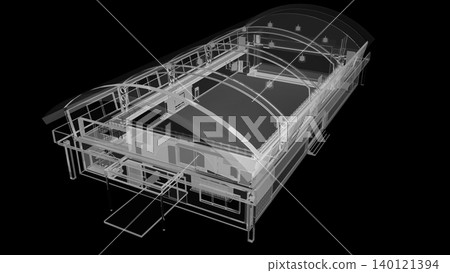 A futuristic architectural concept for a gymnasium made of transparent glass and acrylic materials (black background) A futuristic architectural concept for a gymnasium made of transparent glass and acrylic materials (black background) 140121394