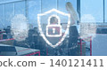 Showing security shield with padlock and fingerprint over office, colleagues in work clothes 140121411