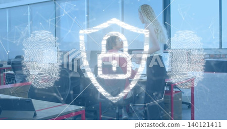 Showing security shield with padlock and fingerprint over office, colleagues in work clothes Showing security shield with padlock and fingerprint over office, colleagues in work clothes 140121411