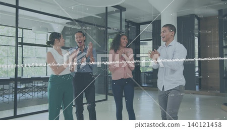 Clapping four coworkers celebrating in office near glass rooms, wearing shirts, waveform overlay Clapping four coworkers celebrating in office near glass rooms, wearing shirts, waveform overlay 140121458