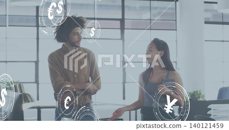 Talking two coworkers in brown shirt and sleeveless grey holding phone with currency HUD at office Talking two coworkers in brown shirt and sleeveless grey holding phone with currency HUD at office 140121459