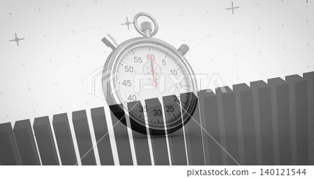 Displaying metallic stopwatch covering dark gray bars on pale gray studio, with red second hand Displaying metallic stopwatch covering dark gray bars on pale gray studio, with red second hand 140121544