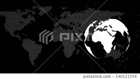 Displaying white globe showing Africa, Europe, hovering right over halftone map, copy space Displaying white globe showing Africa, Europe, hovering right over halftone map, copy space 140121554