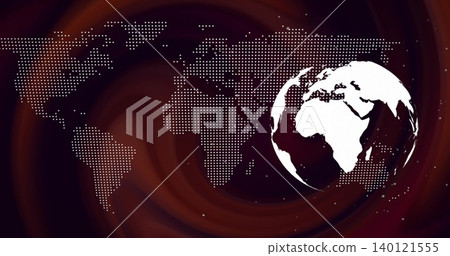 Displaying white globe showcasing Africa and Europe on studio backdrop with dotted map, copy space 140121555