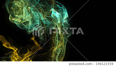 Swirling abstract particle ribbons and clouds moving upward in deep black void, teal gold spark 140121559