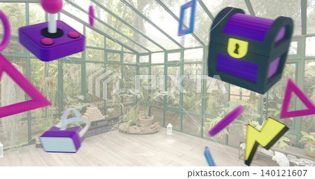 Showing glass conservatory with pitched roof, potted ferns, lanterns, joystick and VR headset 140121607