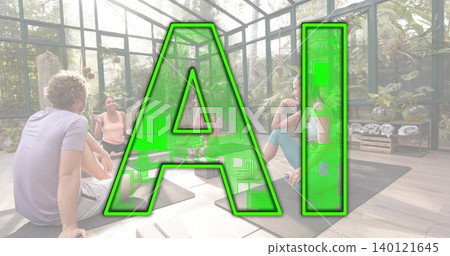 Sitting four adults wearing athletic clothing, practicing yoga on mats in glass studio, AI hovering Sitting four adults wearing athletic clothing, practicing yoga on mats in glass studio, AI hovering 140121645