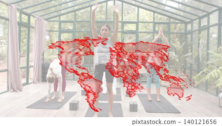 Three women practicing yoga in sunroom with black mats and red overlay, center wearing light top Three women practicing yoga in sunroom with black mats and red overlay, center wearing light top 140121656