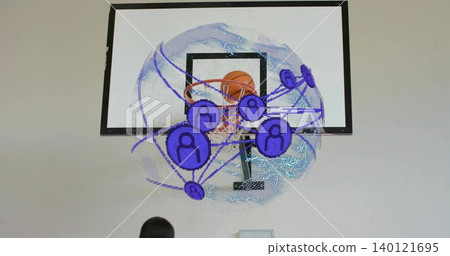 Showing centered basketball backboard at gym, orange ball lodged at rim, purple overlay, wall panel Showing centered basketball backboard at gym, orange ball lodged at rim, purple overlay, wall panel 140121695