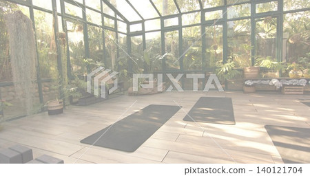 Displaying greenhouse-style yoga studio preparing for class with three dark mats, blocks, plants Displaying greenhouse-style yoga studio preparing for class with three dark mats, blocks, plants 140121704