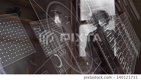 Showing holographic panels floating across tech lab, reflecting woman in dark jacket, window light Showing holographic panels floating across tech lab, reflecting woman in dark jacket, window light 140121731