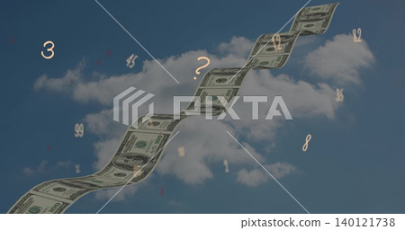 Floating diagonal ribbon of 100-dollar bills waving above cumulus sky, glowing symbols, red specks 140121738