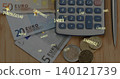 Showing 50, 20, 5 euro bills, coins and grey calculator on wooden tabletop showing numeric overlay 140121739