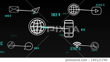 Displaying smartphone outline linking to globe on dark dashboard, showing icons and teal labels 140121740