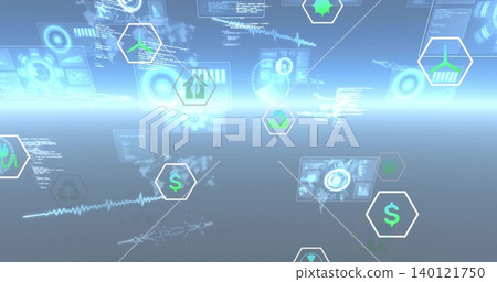 Floating hex icons and clear panels shaping virtual HUD, showing radar, waveform, green-dollar data Floating hex icons and clear panels shaping virtual HUD, showing radar, waveform, green-dollar data 140121750