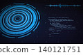 Displaying blue ringed HUD pulsing left on dark grid, code blocks and cyan waveform, copy space 140121751