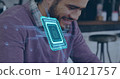 Leaning man wearing purple sweater, plaid shirt at cafe counter, viewing digital padlock chip 140121757