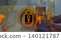 Showing orange lock icon overlaying blurred desk with laptop, hands, light long sleeve, neon traces 140121787