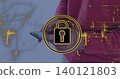 Holding man hands in maroon sweater, tapping phone at studio with padlock icon and circuits 140121803