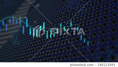 Displaying wide candlestick chart with teal bars, cyan trend line, value labels on perforated panel Displaying wide candlestick chart with teal bars, cyan trend line, value labels on perforated panel 140121843