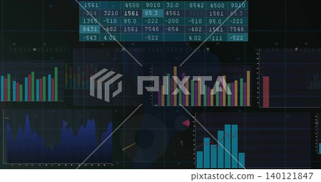 Displaying dark analytics dashboard on screen showing numeric matrix, bars, area chart, donut chart Displaying dark analytics dashboard on screen showing numeric matrix, bars, area chart, donut chart 140121847