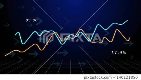 Weaving cyan and amber line graphs above perspective grid showing arrow motifs, labels 35 Weaving cyan and amber line graphs above perspective grid showing arrow motifs, labels 35 140121850