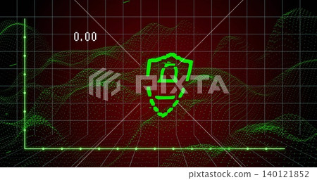 Displaying central green shield icon on virtual dashboard, over 3D grid, point-cloud '0 140121852