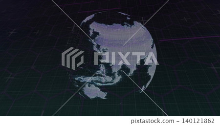 Floating holographic point-cloud globe above dark grid with hexagonal overlay and magenta scanlines Floating holographic point-cloud globe above dark grid with hexagonal overlay and magenta scanlines 140121862
