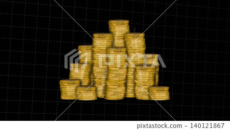 Displaying central stack of gold coins shimmering on black grid, casting soft shadows Displaying central stack of gold coins shimmering on black grid, casting soft shadows 140121867
