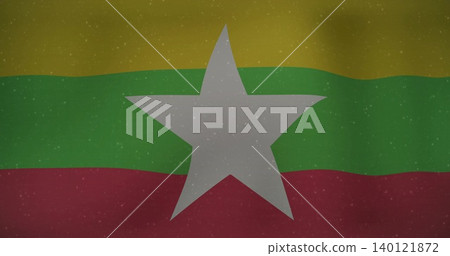 Displaying Myanmar flag, full-frame, yellow green red bands, white star, distressed overlay Displaying Myanmar flag, full-frame, yellow green red bands, white star, distressed overlay 140121872